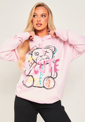 Pippa Baby Pink Bear Print Graffiti Hoodie Pippa Baby Pink Bear Print Graffiti Hoodie