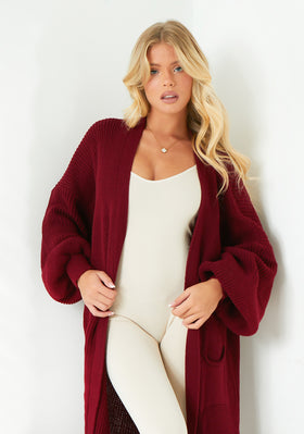 Nathalie Wine Balloon Sleeve Knitted Cardigan Nathalie Wine Balloon Sleeve Knitted Cardigan