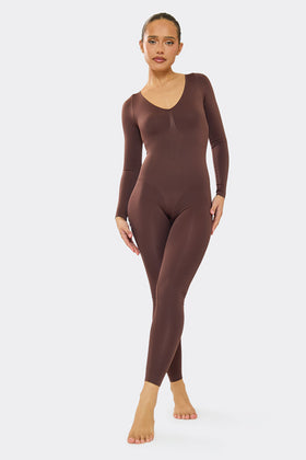 Amelia Chocolate Seamless Long Sleeve Plunge Jumpsuit Amelia Chocolate Seamless Long Sleeve Plunge Jumpsuit