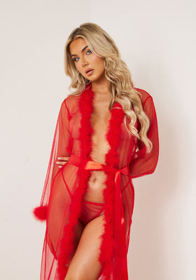 Sierra Red Fluffy Trim Tie Waist Lingerie Nightgown