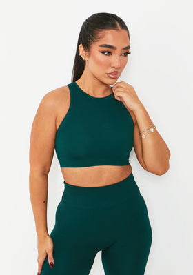 Jacqueline Dark Green Seamless Ribbed Racer Crop Top Jacqueline Dark Green Seamless Ribbed Racer Crop Top