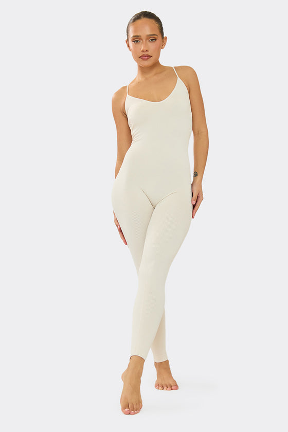 Kora Cream Ribbed Seamless Strappy Jumpsuit