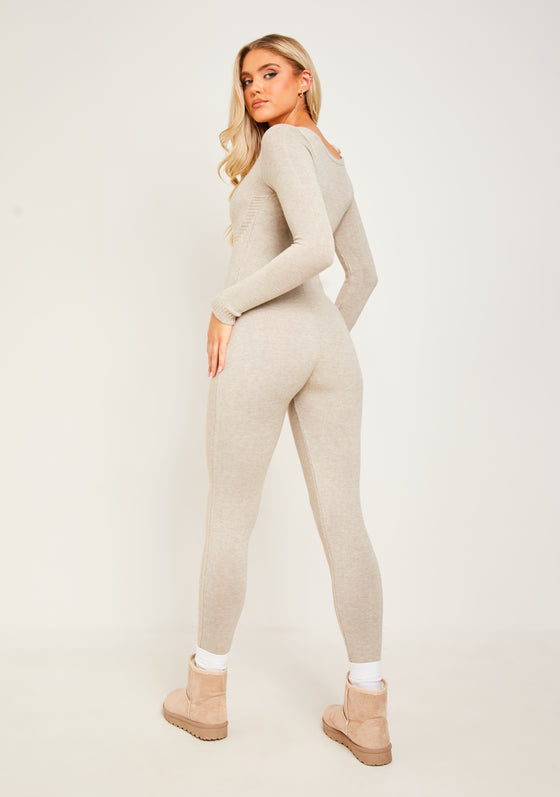 Savannah Oatmeal Knitted Long Sleeve Jumpsuit