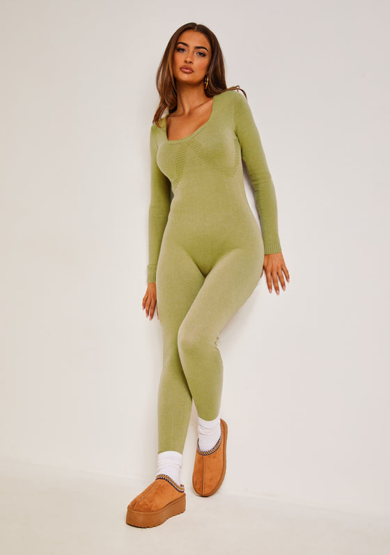Savannah Olive Knitted Long Sleeve Jumpsuit