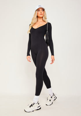 Eli Black Plunge Ribbed Seamless Long Sleeve Jumpsuit