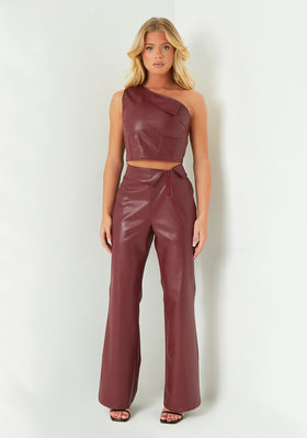 Marlowe Wine Fold Over Faux Leather Flare Trouser Marlowe Wine Fold Over Faux Leather Flare Trouser