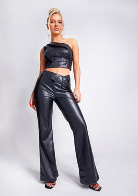 Marlowe Black Fold Over Faux Leather Flare Trouser Marlowe Black Fold Over Faux Leather Flare Trouser