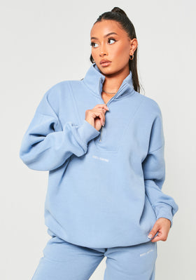 Rivka Pastel Blue Embroidered Half Zip Oversized Sweatshirt