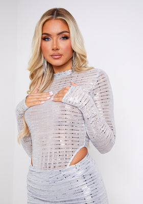 Celeste Silver Sheer Sequin Detail High Neck Bodysuit With Thumb Hole Celeste Silver Sheer Sequin Detail High Neck Bodysuit With Thumb Hole