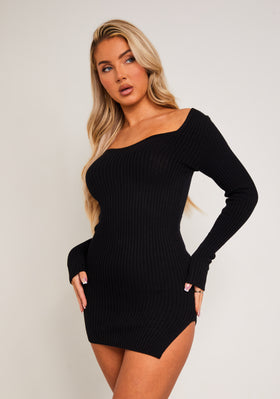 Carrie Black Knit Sweetheart Neckline Mini Dress