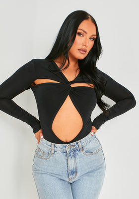 Bronte Black Cut Out Asymmetric Long Sleeve Bodysuit Bronte Black Cut Out Asymmetric Long Sleeve Bodysuit