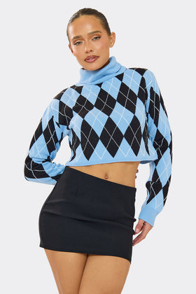 Bella Blue Knitted High Neck Jacquard Cropped Jumper Bella Blue Knitted High Neck Jacquard Cropped Jumper