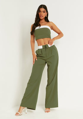 Gracie Khaki Fold Over Waist Wide Leg Trousers