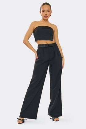 Gracie Black Satin Fold Over Waist Wide Leg Trousers Gracie Black Satin Fold Over Waist Wide Leg Trousers