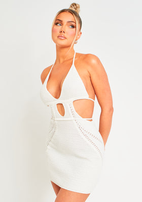 Harley Off White Crochet Knit Halterneck Backless Mini Dress Harley Off White Crochet Knit Halterneck Backless Mini Dress
