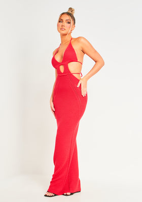 Madison Red Crochet Knit Halterneck Backless Maxi Dress Madison Red Crochet Knit Halterneck Backless Maxi Dress