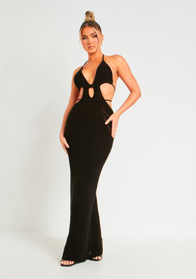 Madison Black Crochet Knit Halterneck Backless Maxi Dress