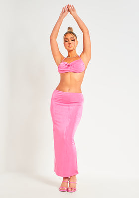 Amora Pink Acetate Slinky Ruched Maxi Skirt Amora Pink Acetate Slinky Ruched Maxi Skirt