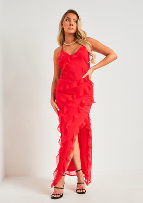 Cora Red Strappy Frill Maxi Dress