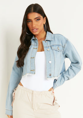 Bianca Blue Light Wash Distressed Hem Crop Denim Jacket Bianca Blue Light Wash Distressed Hem Crop Denim Jacket