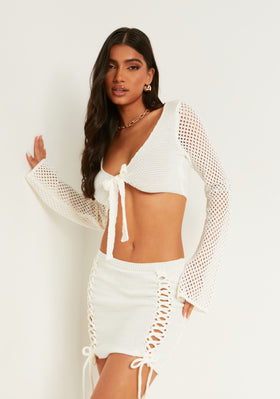 Raven White Hollow Knitted Long Sleeve Tie Crop Top