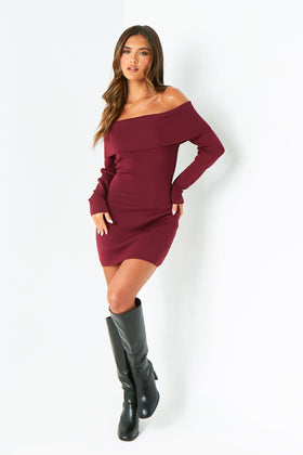 Kiara Burgundy Long Sleeve Off The Shoulder Knitted Dress Kiara Burgundy Long Sleeve Off The Shoulder Knitted Dress