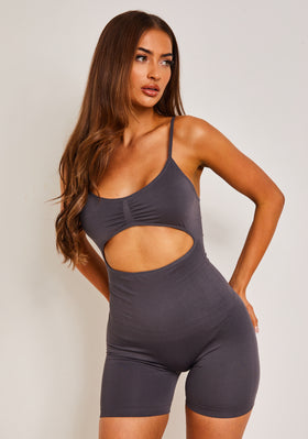 Carlie Charcoal Seamless Cut Out Contour Waist Unitard Carlie Charcoal Seamless Cut Out Contour Waist Unitard