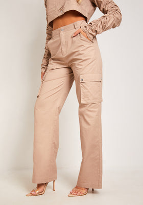Chelsie Beige Straight Leg Cargo Trousers Chelsie Beige Straight Leg Cargo Trousers