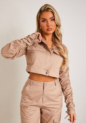 Connie Beige Ruched Sleeve Cargo Jacket Connie Beige Ruched Sleeve Cargo Jacket