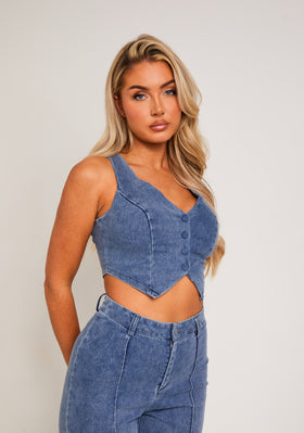 Nella Blue Denim Cropped Button-Up Waistcoat