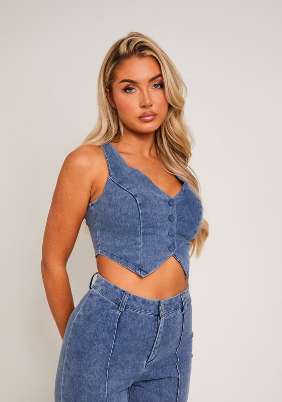 Nella Blue Denim Cropped Button-Up Waistcoat