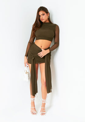 Alanna Dark Khaki Mesh Drape Detail Mini Skirt Alanna Dark Khaki Mesh Drape Detail Mini Skirt