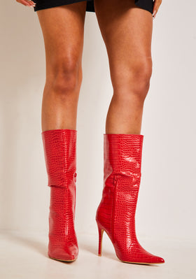 Malayah Red Croc Print Pointed Toe Heeled Boots Malayah Red Croc Print Pointed Toe Heeled Boots
