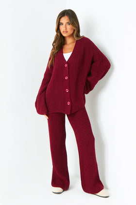 Chantelle Wine Chunky Knit Cardigan & Trouser Co-Ord Set Chantelle Wine Chunky Knit Cardigan & Trouser Co-Ord Set