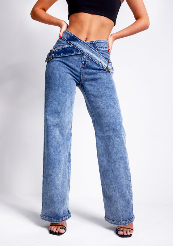 Kiki Blue Light Wash Denim Cross Over Belt Straight Leg Jeans