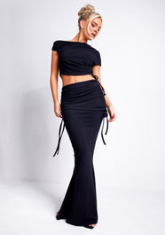 Kianne Black Ruched Fold Over Maxi Skirt | Women's All Black Co-Ord's | MissyEmpire