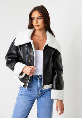 Dixie Black Faux Leather Aviator Jacket With Faux Fur Trim Dixie Black Faux Leather Aviator Jacket With Faux Fur Trim