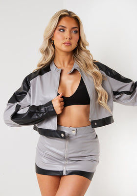 Marina Grey Multi Contrast Faux Leather Crop Biker Jacket Marina Grey Multi Contrast Faux Leather Crop Biker Jacket
