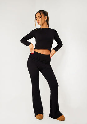 Alena Black Fold Over Flared Yoga Pants Alena Black Fold Over Flared Yoga Pants
