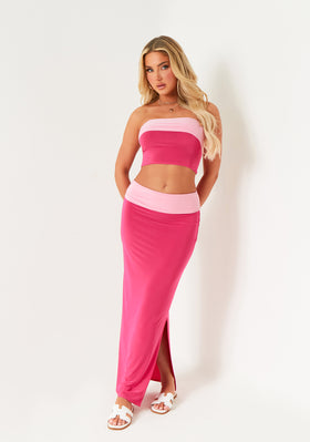 Asha Pink Contrast Fold Over Slinky Bandeau Top