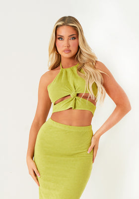 Nola Olive Green Knotted Cut Out Halter Neck Top Nola Olive Green Knotted Cut Out Halter Neck Top