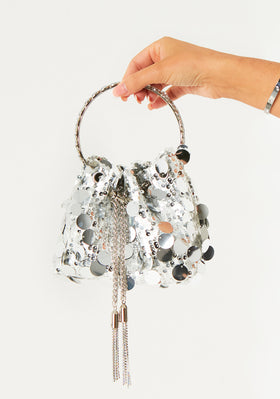 Witney Silver Disc Sequin Handle Bag With Shoulder Strap Witney Silver Disc Sequin Handle Bag With Shoulder Strap
