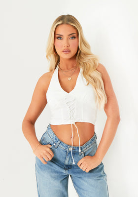 Zoey White Lace Up Detail Halter Top Zoey White Lace Up Detail Halter Top