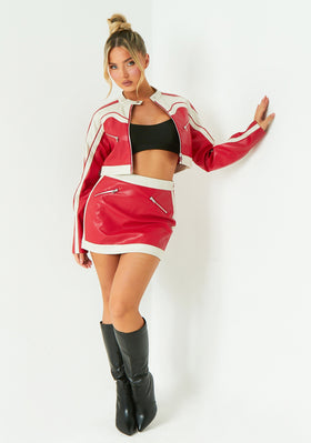 Grace Red Contrast Faux Leather Cropped Biker Jacket Grace Red Contrast Faux Leather Cropped Biker Jacket