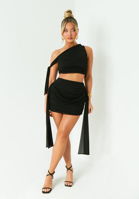 Diana Black One Shoulder Tie Detail Mesh Crop Top Diana Black One Shoulder Tie Detail Mesh Crop Top