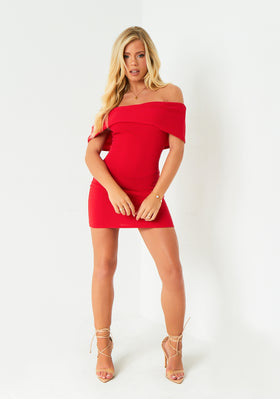 Joanna Red Textured Bardot Mini Dress Joanna Red Textured Bardot Mini Dress