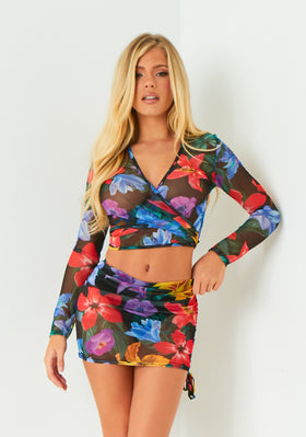 Ayla Black Floral Tie Side Beach Skirt Ayla Black Floral Tie Side Beach Skirt