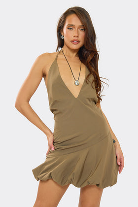 Juliana Khaki Puff Ball Halterneck Dress Juliana Khaki Puff Ball Halterneck Dress