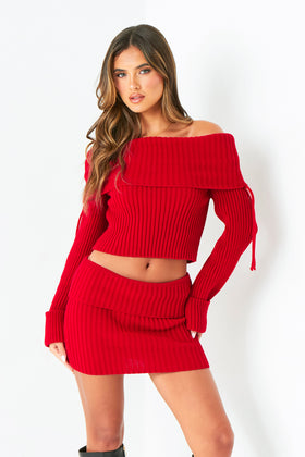 Lauryn Red Knitted Bardot Fold Down Jumper Lauryn Red Knitted Bardot Fold Down Jumper