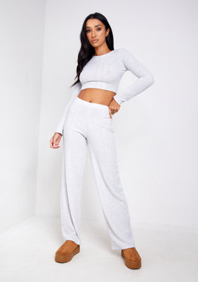 Melanie Light Grey Super Soft Ribbed Wide Leg Trousers Melanie Light Grey Super Soft Ribbed Wide Leg Trousers